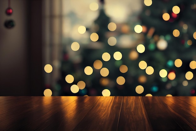 Mesa de madera vacía Contra el fondo de la acogedora ventana navideña borrosa Bokeh Fondo borroso