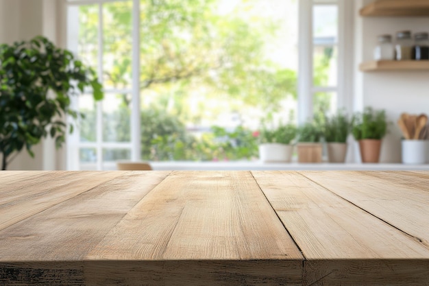 Mesa de madera vacía contra el fondo borroso de una ventana con plantas verdes y una cocina
