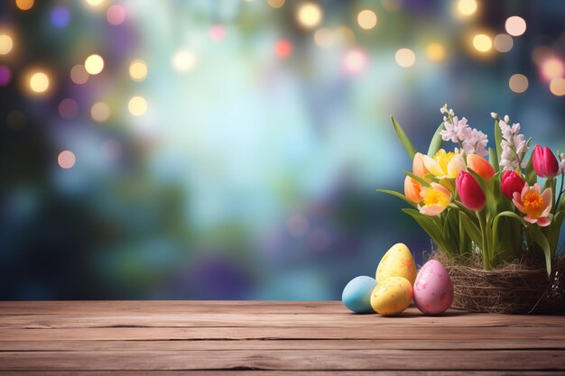 Foto mesa de madera vacía contra el fondo de la época de pascua