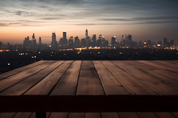 Una mesa de madera vacía contra el horizonte de la ciudad con un ambiente al atardecer IA generativa