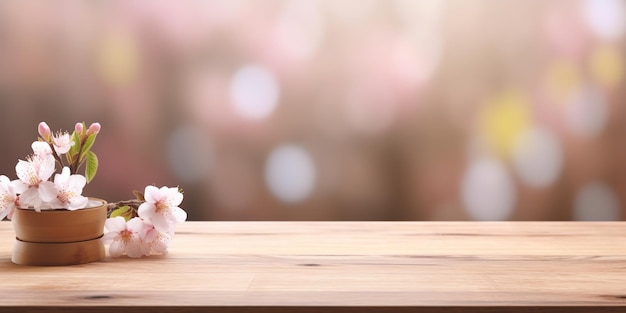 mesa de madera vacía detrás de la plantilla de exhibición de producto de fondo de flor de cerezo borrosa