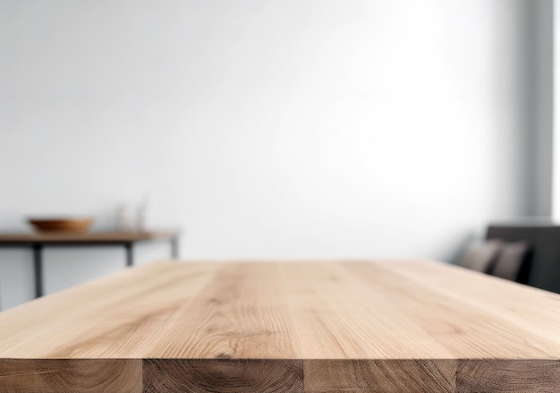 Mesa de madera vacía e interior de casa borroso con montaje de exhibición de producto de fondo de pared blanca