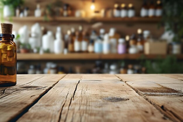 Mesa de madera vacía con un entorno de farmacia en el fondo