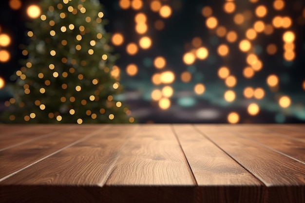 Mesa de madera vacía y escritorio de guirnalda borrosa con árbol de navidad en el fondo ai generativo