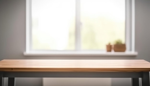 Mesa de madera vacía con espacio de copia en salón blanco con ventana IA generativa