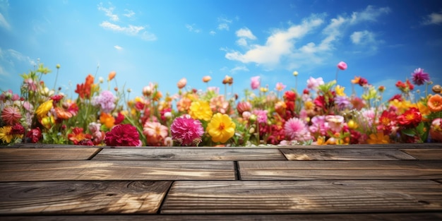 Mesa de madera vacía con espacio libre de fondo de campo de flores para exhibición de productos Ai generativo