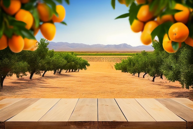 Mesa de madera vacía con espacio libre sobre naranja.