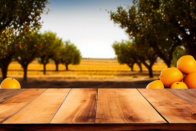 Mesa de madera vacía con espacio libre sobre naranja.