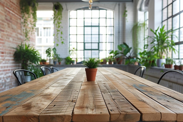 Mesa de madera vacía en un espacio de oficina moderno con IA generada