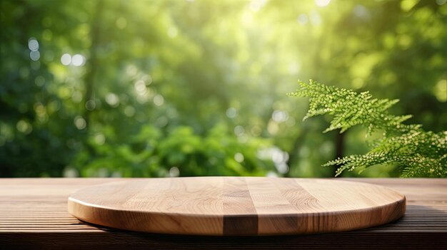 Mesa de madera vacía de estilo rústico para la presentación del producto con un bosque de verano verde borroso en el fondo