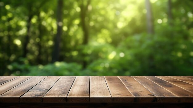 Mesa de madera vacía de estilo rústico para la presentación del producto con un bosque verde de verano borroso en el fondo