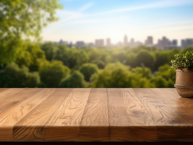 Mesa de madera vacía de estilo rústico para la presentación del producto con un parque urbano borroso en el fondo