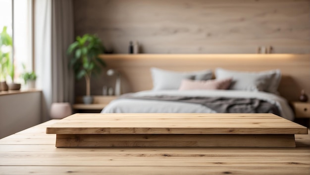 Mesa de madera vacía para la exhibición de productos con un fondo borroso en el dormitorio