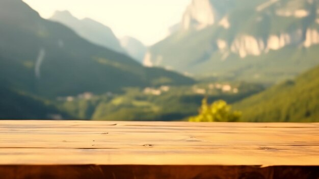 Foto mesa de madera vacía para la exhibición de productos con un fondo borroso de montañas soleadas ai generativo