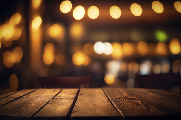 Mesa de madera vacía para exhibición de productos en el fondo borroso del restaurante por la noche