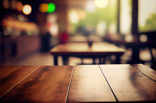 Mesa de madera vacía para exhibición de productos en el fondo borroso del restaurante por la noche