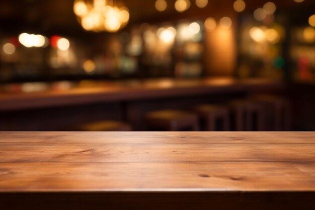 Mesa de madera vacía para la exhibición de productos en el fondo borroso del restaurante por la noche