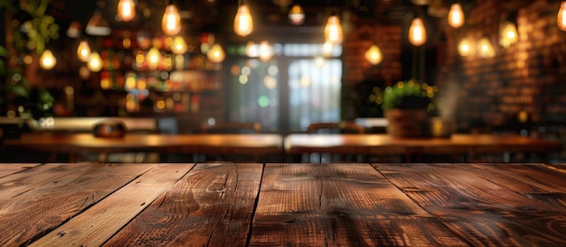 Mesa de madera vacía para la exhibición de productos con fondo borroso del restaurante