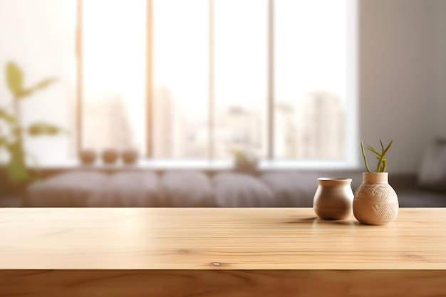 Mesa de madera vacía para exhibición de productos fondo interior del apartamento borroso ai generativo