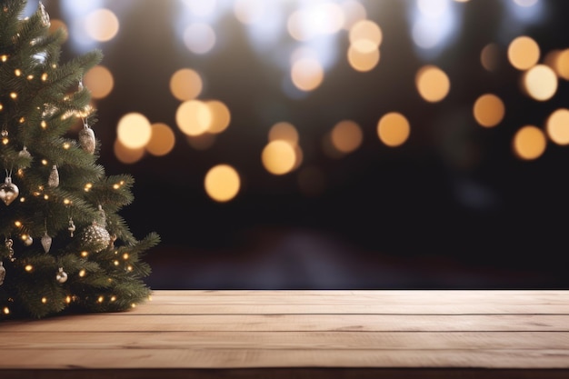 Mesa de madera vacía para exhibición de productos con fondo de invierno festivo borroso