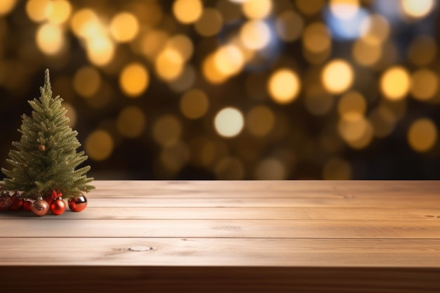 Mesa de madera vacía para exhibición de productos con fondo de invierno festivo borroso