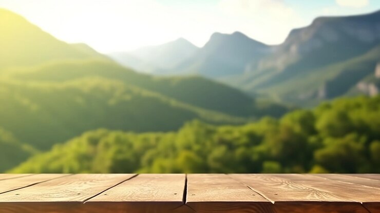 Mesa de madera vacía para exhibición de productos con fondo de montañas borrosas Ai generativo