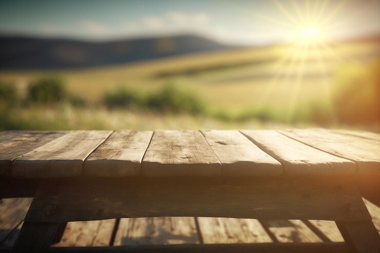 Mesa de madera vacía para exhibición de productos con fondo de naturaleza borrosa Ai generativo