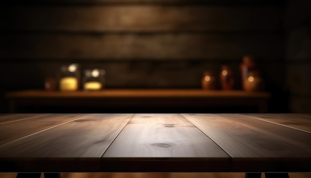 Mesa de madera vacía para exhibición de productos con fondo de sala de estar oscuro borroso Genrative AI
