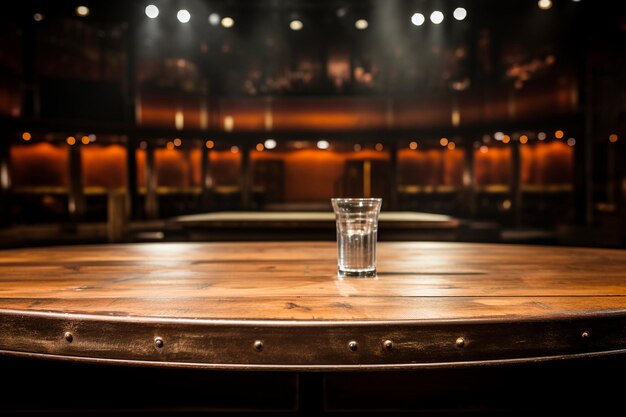 Foto mesa de madera vacía para la exhibición de productos con un lugar de clubes borroso en el fondo