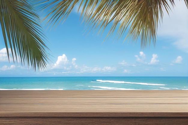 Mesa de madera vacía para exhibición de productos con vista al fondo de la playa tropical