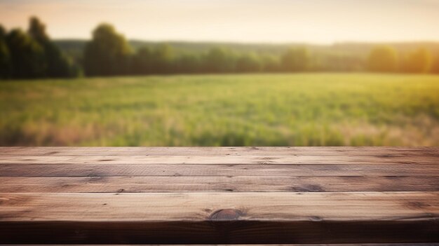 mesa de madera vacía para exhibir montajes de productos con fondo borroso