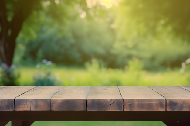 Mesa de madera vacía con fiesta en jardín fondo generativo ai