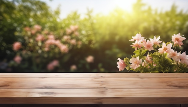 mesa de madera vacía con flores de jardín