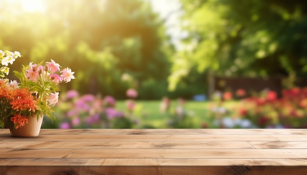 mesa de madera vacía con flores de jardín