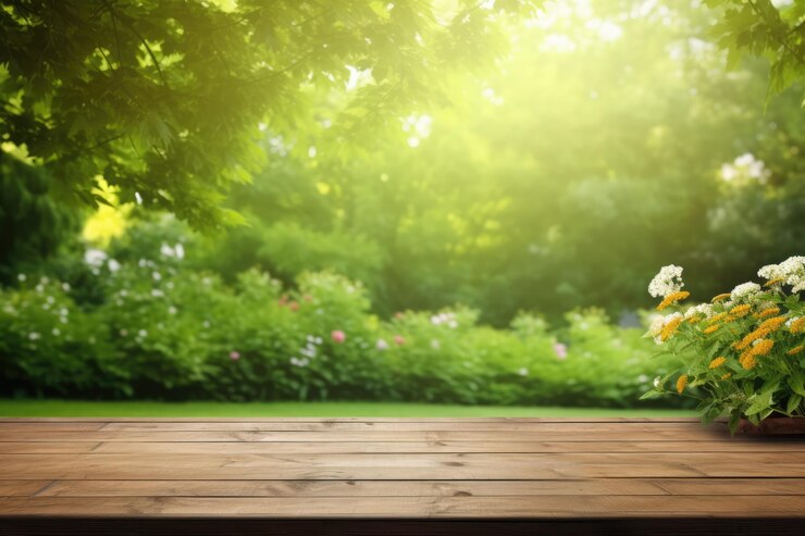 Mesa de madera vacía Flores de primavera con fondo de naturaleza verde AI generado