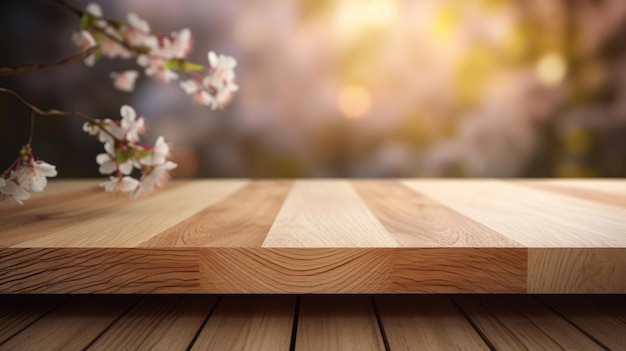 Mesa de madera vacía con flores de sakura Ilustración AI GenerativexA