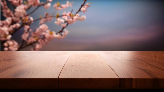 Mesa de madera vacía con flores de sakura Ilustración AI GenerativexA