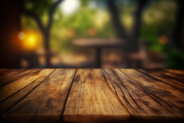 Foto mesa de madera vacía con fondo bokeh ai generativa