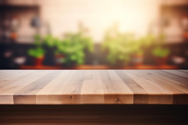 Mesa de madera vacía con fondo de bokeh borroso Ideal para la colocación de productos