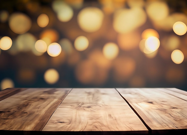 Mesa de madera vacía con fondo de bokeh