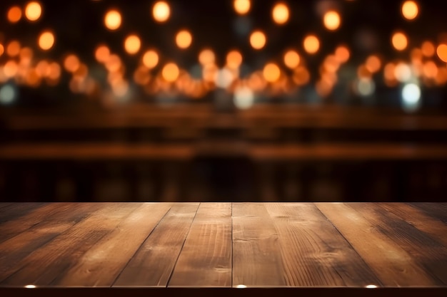 Mesa de madera vacía y fondo borroso del almacén montaje de exhibición de productos foto de alta calidad