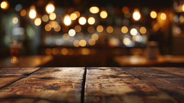 Una mesa de madera vacía con un fondo borroso de un bar