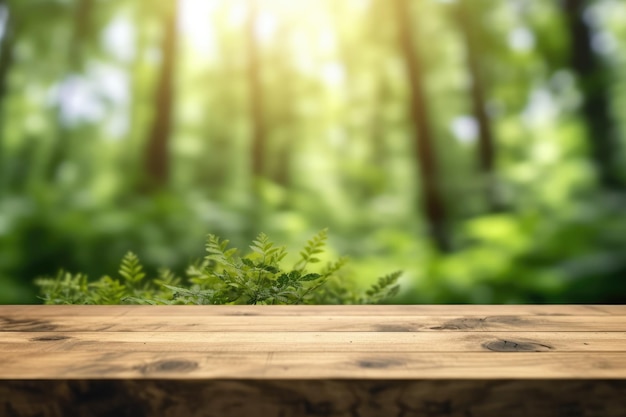 La mesa de madera vacía con un fondo borroso del bosque boreal Imagen exuberante