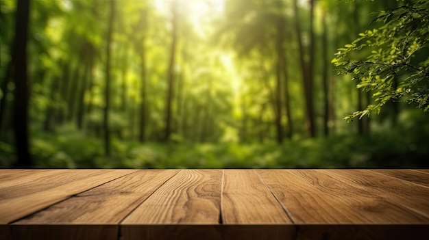 Mesa de madera vacía con fondo borroso del bosque