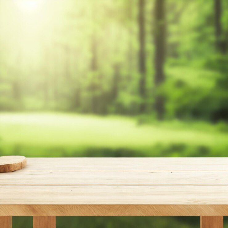 Mesa de madera vacía con fondo borroso de bosque