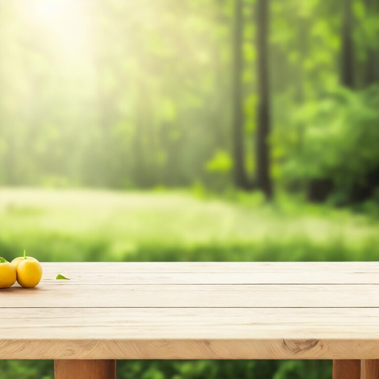 Mesa de madera vacía con fondo borroso de bosque