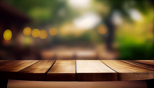 Mesa de madera vacía con fondo borroso de café al aire libre o cafetería