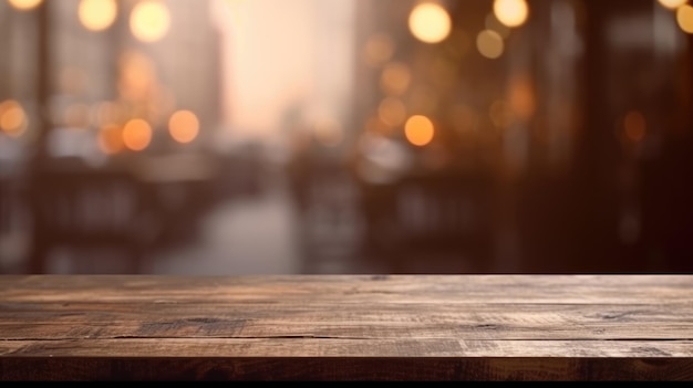 La mesa de madera vacía con fondo borroso de café interior vintage Imagen exuberante