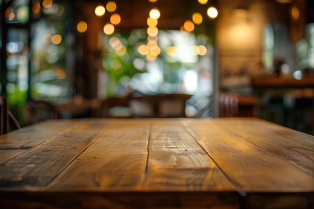 Mesa de madera vacía con fondo borroso de la cafetería para la exhibición