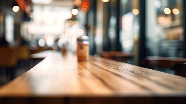 Mesa de madera vacía en un fondo borroso de cafetería o restaurante